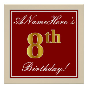 Poster Elégant, Rouge, Faux Gold 8e anniversaire + Nom pe