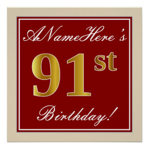 Poster Elégant, Rouge, Faux Gold 91ème Anniversaire; Nom