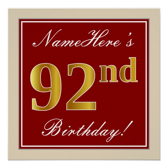 Poster Elégant, Rouge, Faux Gold 92e anniversaire; Nom pe (Devant)