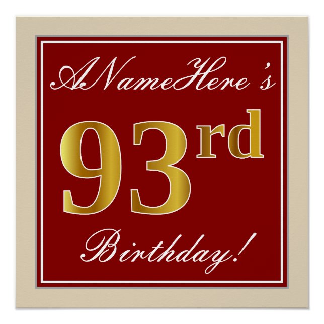 Poster Elégant, Rouge, Faux Gold 93e anniversaire; Nom pe (Devant)