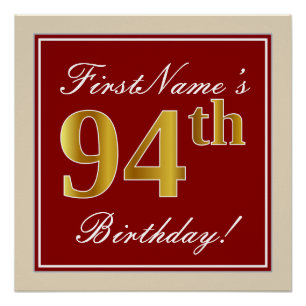 Poster Elégant, Rouge, Faux Gold 94e anniversaire; Nom pe