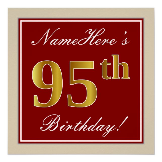 Poster Elégant, Rouge, Faux Gold 95e anniversaire; Nom pe (Devant)