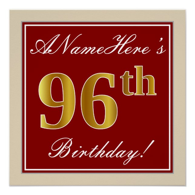 Poster Elégant, Rouge, Faux Gold 96e anniversaire; Nom pe (Devant)