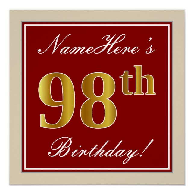 Poster Elégant, Rouge, Faux Gold 98e anniversaire; Nom pe (Devant)