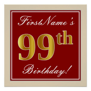 Poster Elégant, Rouge, Faux Gold 99e anniversaire; Nom pe