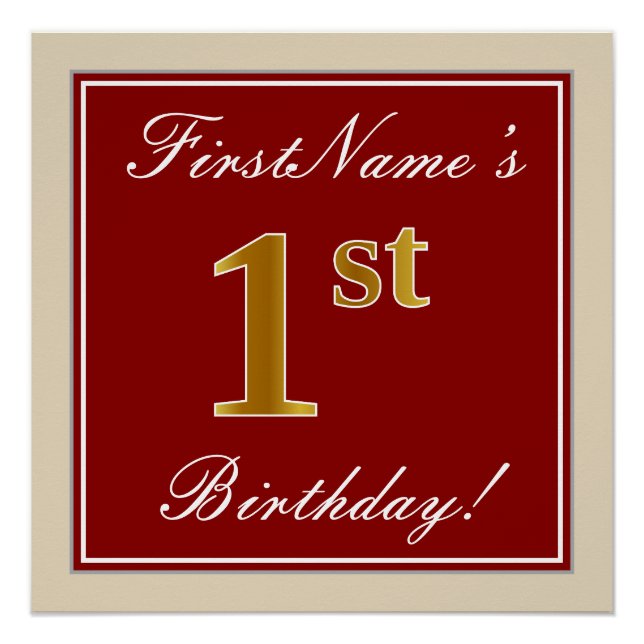 Poster Elégant, Rouge, Faux Or 1er Anniversaire + Nom per (Devant)