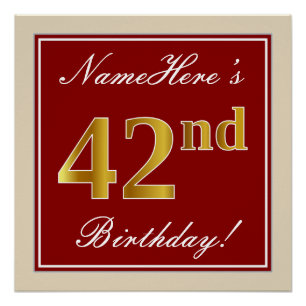 Poster Élégant, Rouge, Or Faux 42e Anniversaire; Nom Pers
