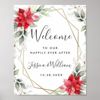Poster Elégant rouge Poinsettia Eucalyptus Mariage Bienve