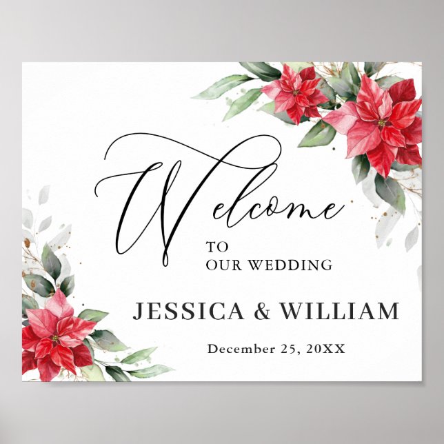Poster Elégant rouge Poinsettia Eucalyptus Mariage Bienve (Devant)