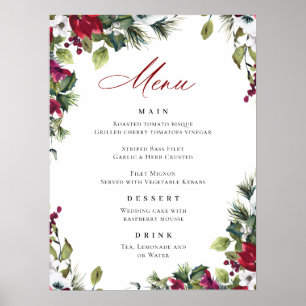 Poster Elégant Rouge Poinsettia Menu Mariage de Noël