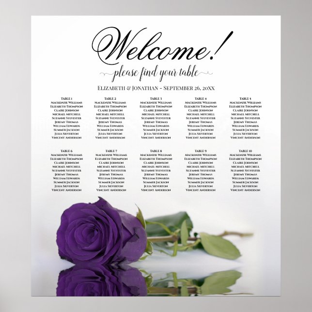 Poster Élégant Royal Purple Rose 10 Table Seating Chart (Devant)
