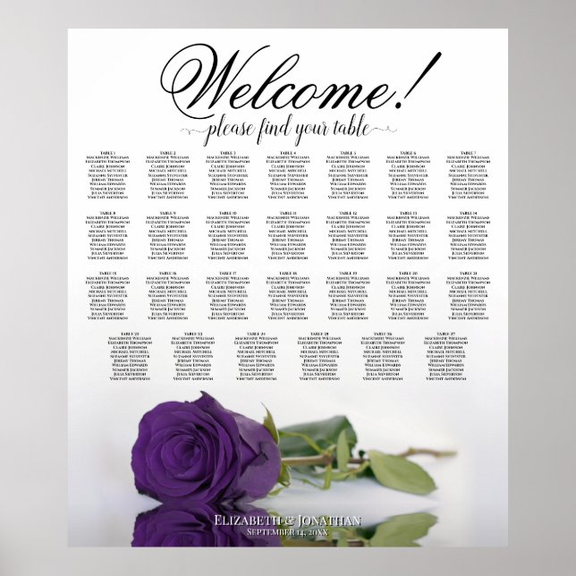 Poster Élégant Royal Purple Rose 27 Table Seating Chart (Devant)