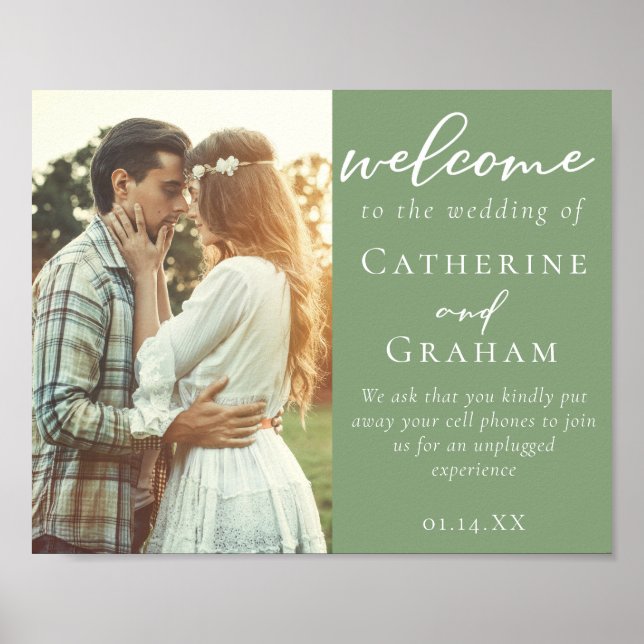 Poster Elegant Sage Green Couple Photo Mariage Bienvenue (Devant)