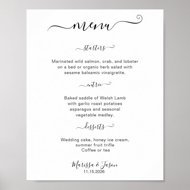 Poster Élégant Script 3 cours Menu Mariage (Devant)