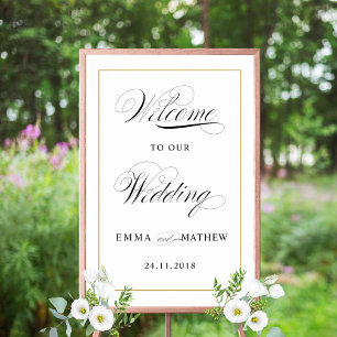 Poster Élégant Script Calligraphie Gold Mariage Bienvenue