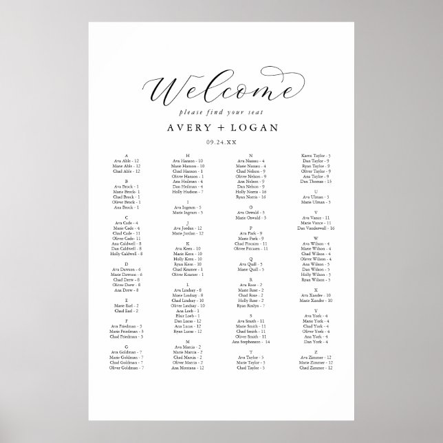 Poster Élégant script de siège alphabétique graphique (Devant)