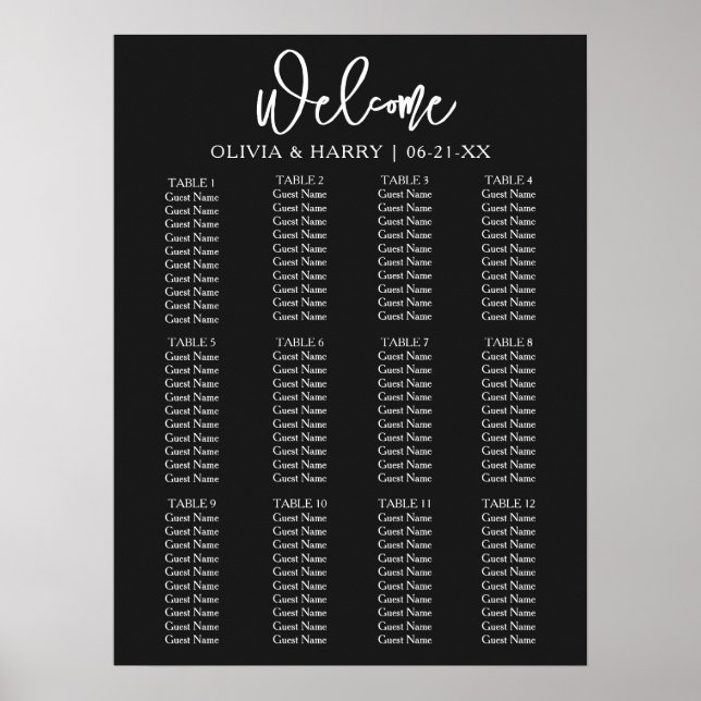 Poster Élégant Script moderne Simple Mariage Seating Char (Devant)