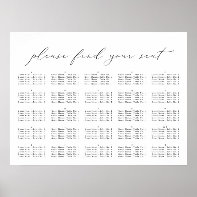 Poster Élégant script, Seating Chart (Devant)