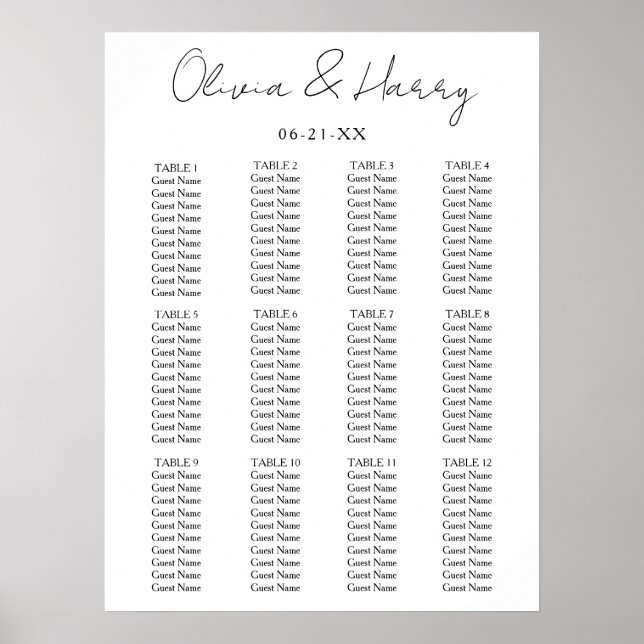 Poster Élégant Script Simple moderne Mariage Seating Char (Devant)