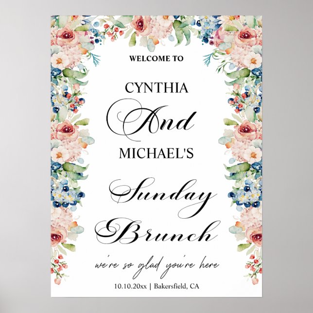 Poster Élégant Script 'Sunday Brunch' Mariage Floral (Devant)