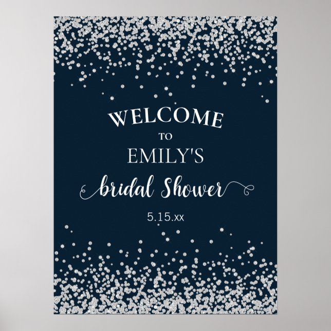 Poster Élégant Shower de Mariage Bleu Nuit Argent Confett (Devant)