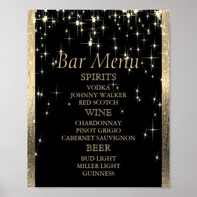 Poster Élégant Starlights noir et or - Menu Bar (Devant)