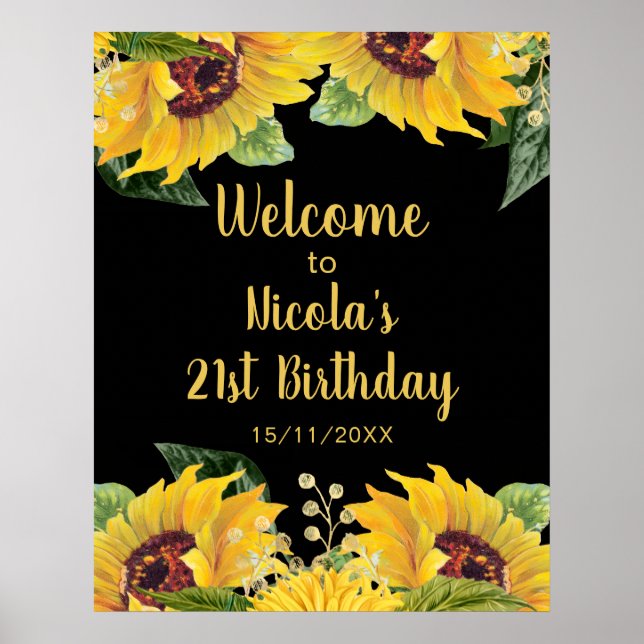 Poster Elegant Sunflowers and Foliage Birthday Party (Devant)