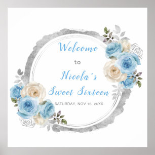 Poster Elégant Sweet sixteen aux fleurs bleu foncé