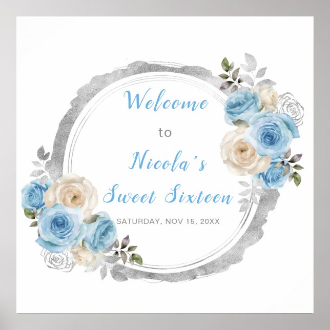 Poster Elégant Sweet sixteen aux fleurs bleu foncé (Devant)