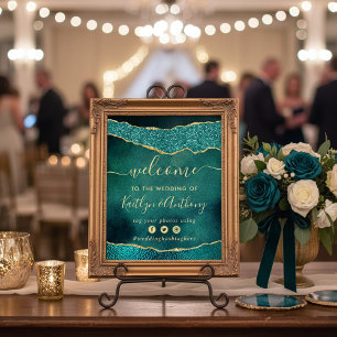 Poster Elégant Turquoise & Or Agate Mariage Bienvenue