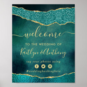 Poster Elégant Turquoise & Or Agate Mariage Bienvenue