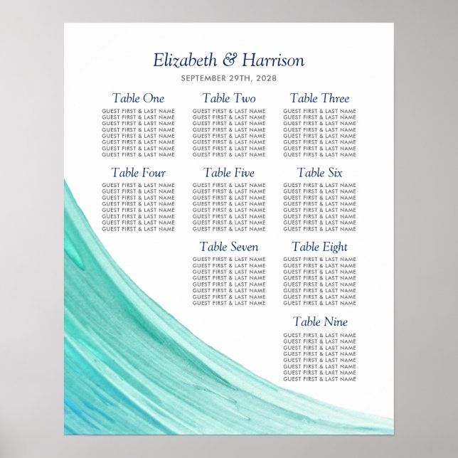 Poster Elégant Turquoise Tides Plage Mariage Table Plan (Devant)