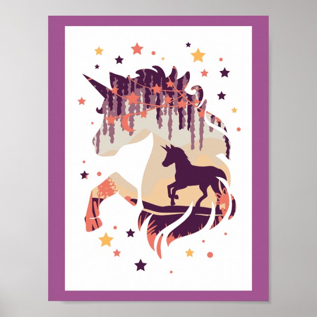 Poster Élégant Unicorne violet silhouette animal mythique (Devant)