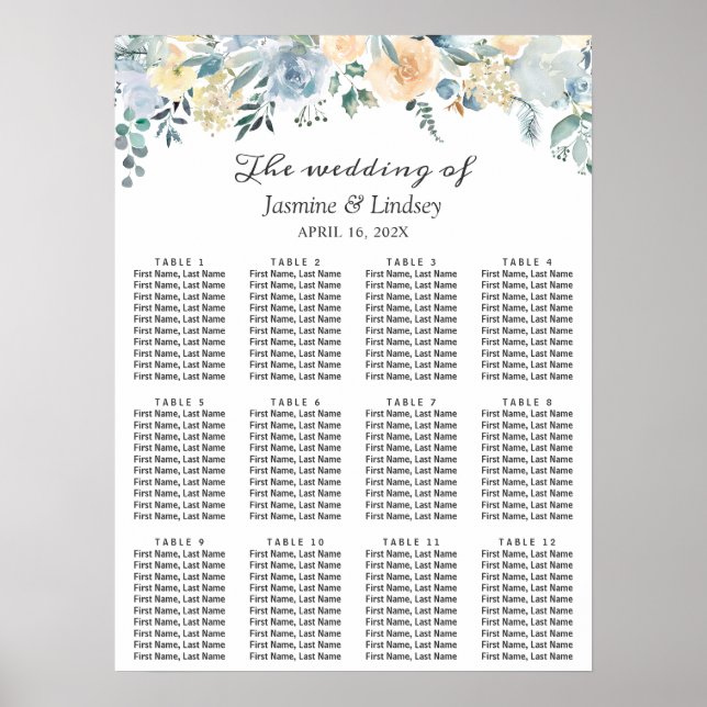 Poster Elégant Vanilla Blue Floral Mariage Chart (Devant)