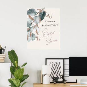 Poster Élégant Vert Doré Feuilles Pailletées Baby Shower 