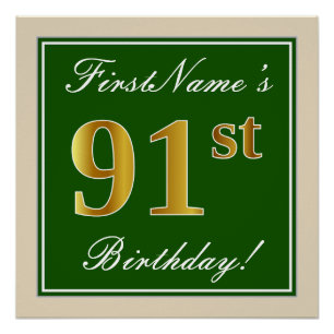 Poster Elégant, Vert, Faux Gold 91ème Anniversaire + Nom