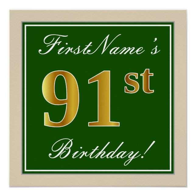 Poster Elégant, Vert, Faux Gold 91ème Anniversaire + Nom (Devant)