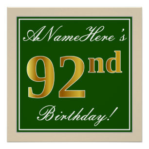 Poster Elégant, Vert, Faux Gold 92ème anniversaire + Nom