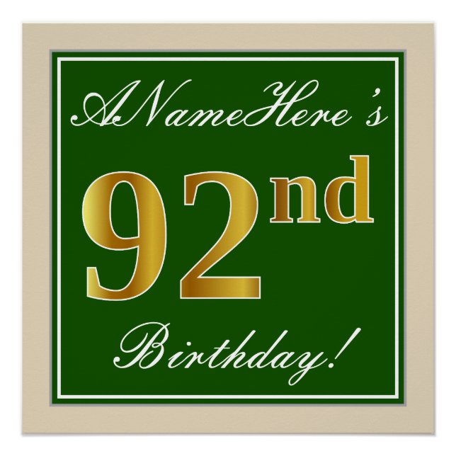 Poster Elégant, Vert, Faux Gold 92ème anniversaire + Nom (Devant)