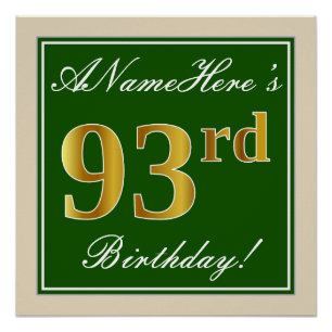 Poster Elégant, Vert, Faux Gold 93ème anniversaire + Nom