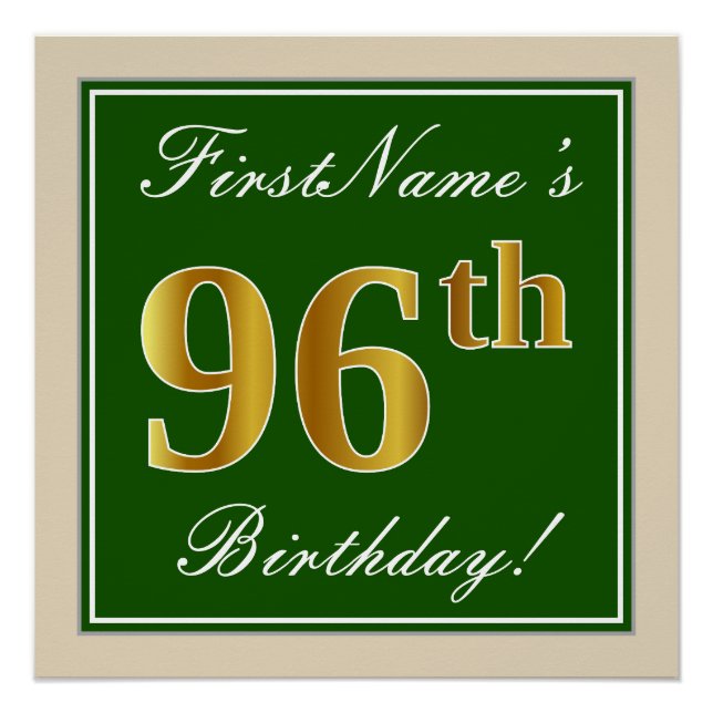 Poster Elégant, Vert, Faux Gold 96ème anniversaire + Nom (Devant)