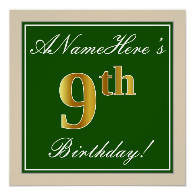 Poster Elégant, Vert, Faux Gold 9e anniversaire + Nom (Devant)
