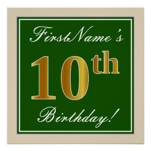 Poster Elégant, Vert, Faux Or 10ème anniversaire + Nom