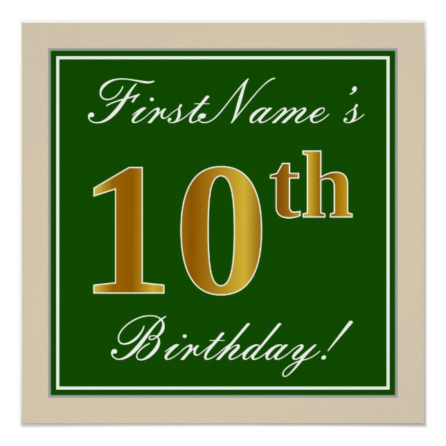 Poster Elégant, Vert, Faux Or 10ème anniversaire + Nom (Devant)