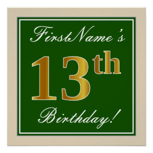 Poster Elégant, Vert, Faux Or 13ème anniversaire + Nom