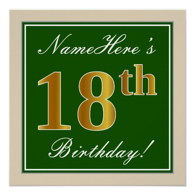 Poster Elégant, Vert, Faux Or 18ème anniversaire + Nom (Devant)