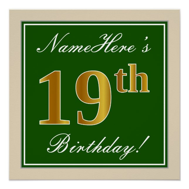 Poster Elégant, Vert, Faux Or 19ème Anniversaire + Nom (Devant)