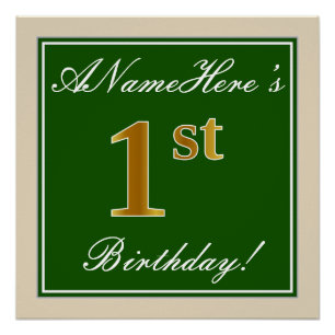 Poster Elégant, Vert, Faux Or 1er Anniversaire + Nom