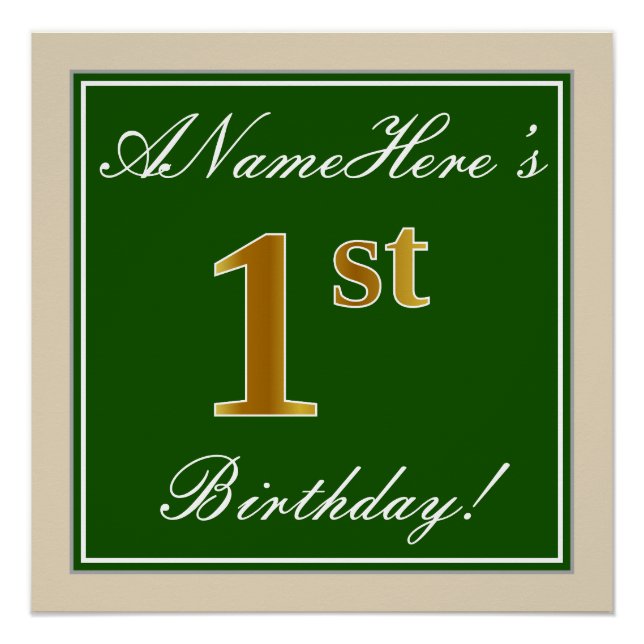Poster Elégant, Vert, Faux Or 1er Anniversaire + Nom (Devant)
