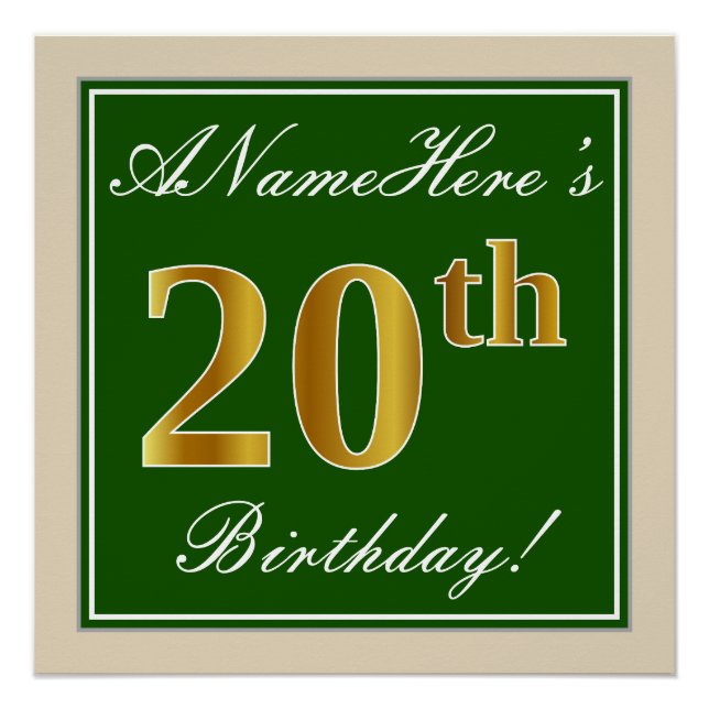 Poster Elégant, Vert, Faux Or 20ème Anniversaire + Nom (Devant)